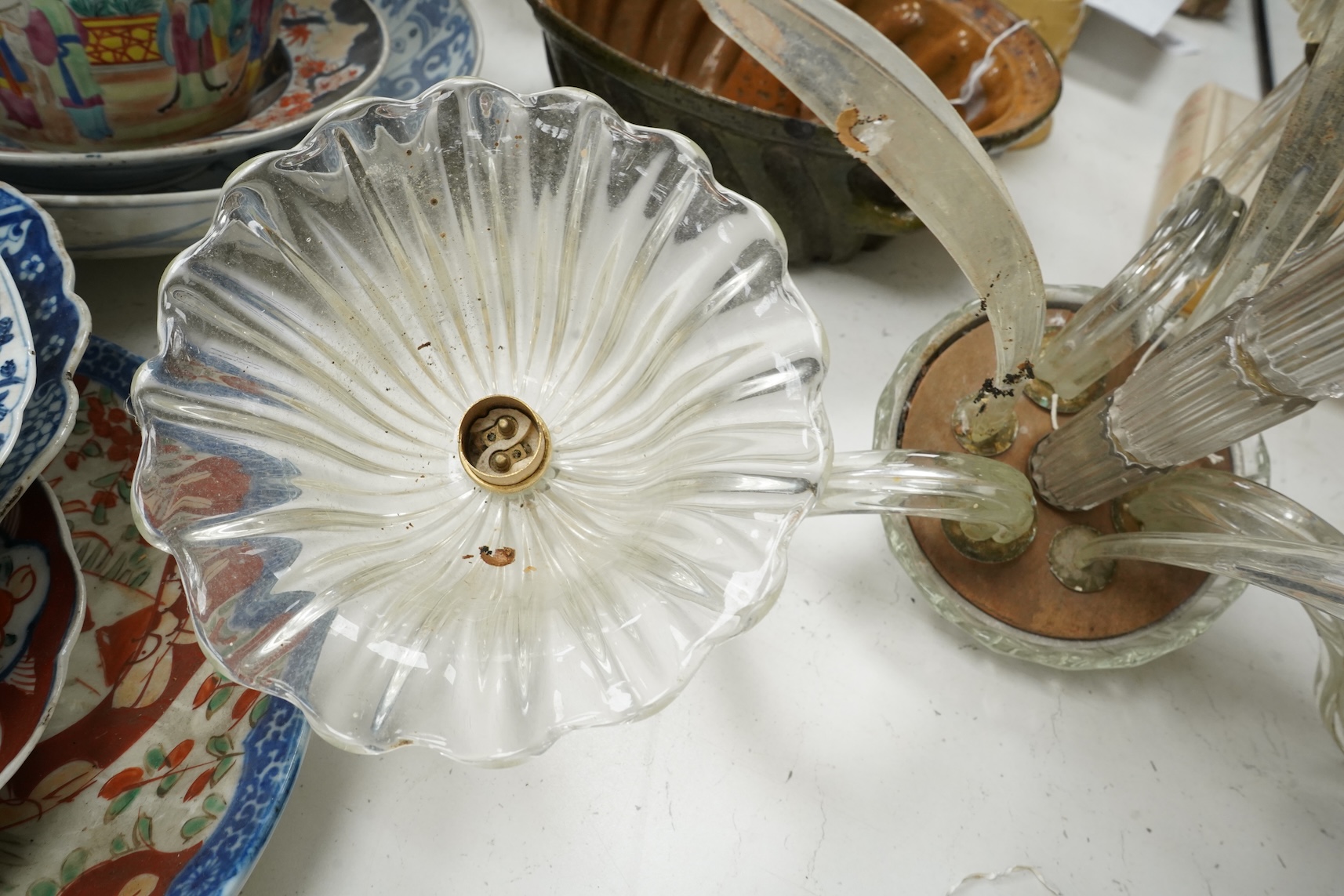 A Venetian style glass three branch floral chandelier, 47cm high.